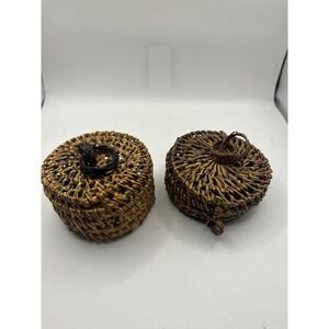 Woven Trinket Boxes Set Of 2 Round Lidded Storage Containers Rustic Decor